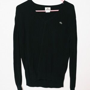 Lacoste Mens Black Alligator Logo 100% Cotton V-Neck Sweater Size 44 (L/XL) US